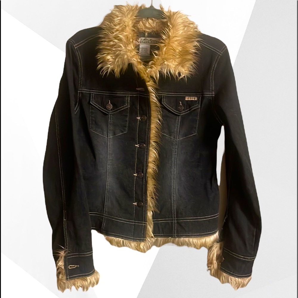 Billabong Women’s Jeans Jacket, Small, Color black denim, with fake fur trim EUC